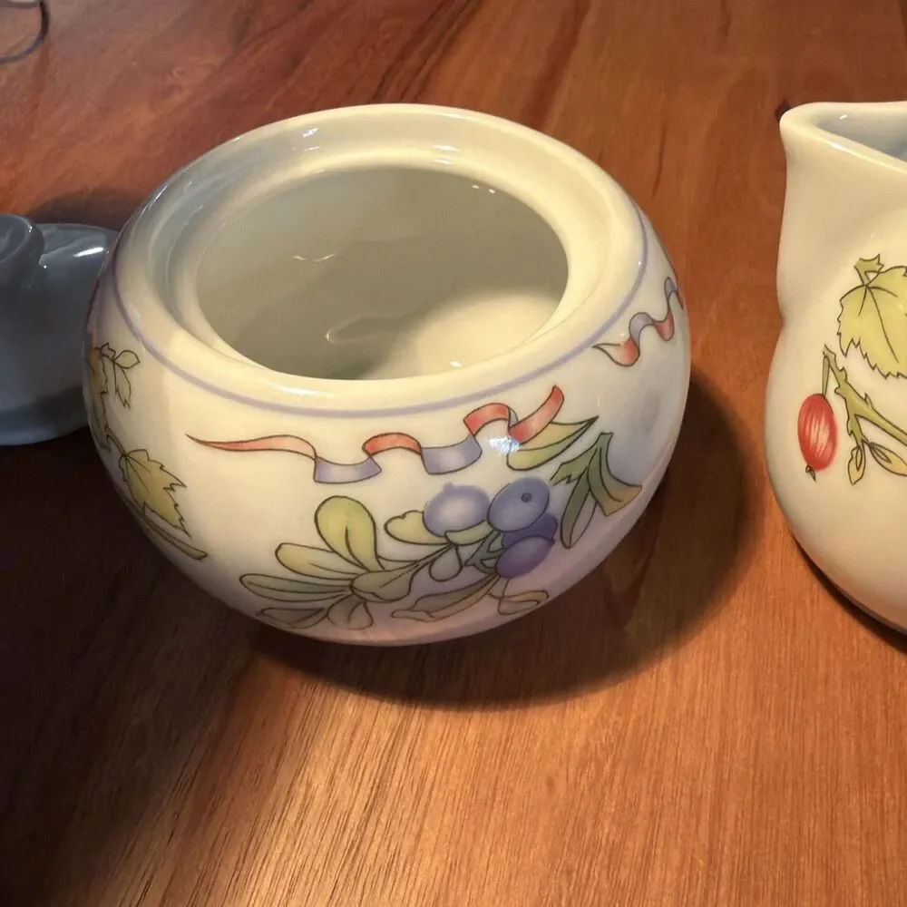 Exceptionally Rare Vintage Pillivuyt Fruit And Ribbon Theme Creamer And Sugar